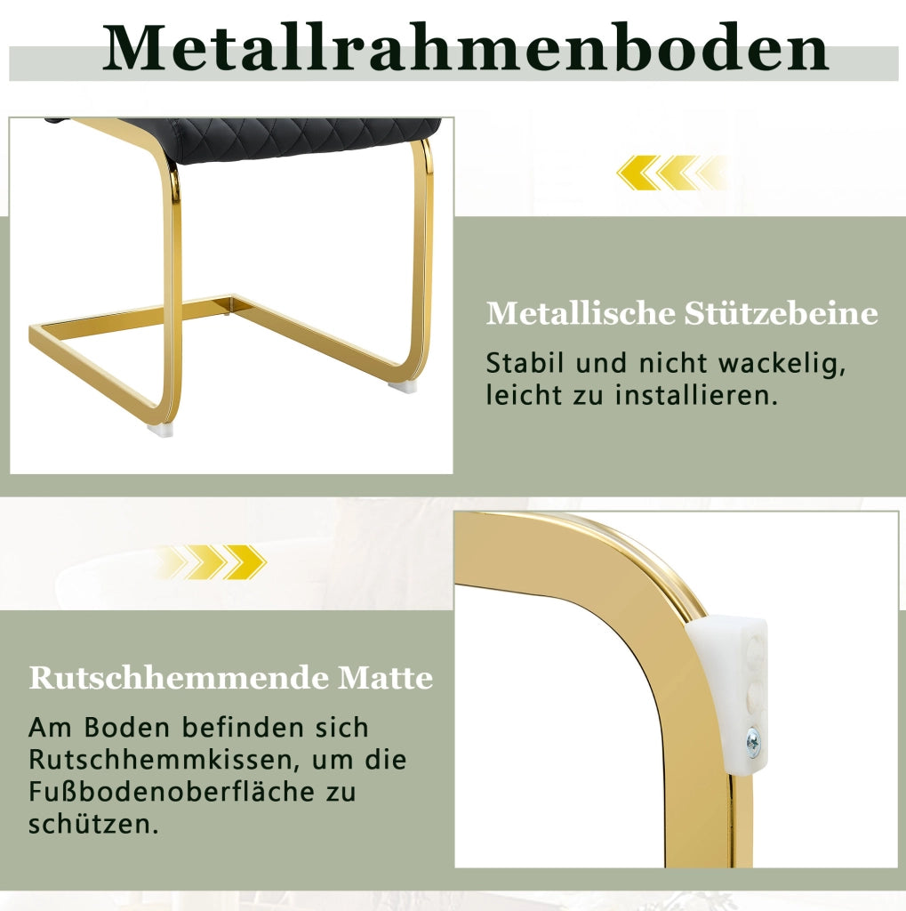 Set 2 sedie da pranzo in PU nero con motivo trapuntato; schienale alto 100 cm; struttura in metallo oro