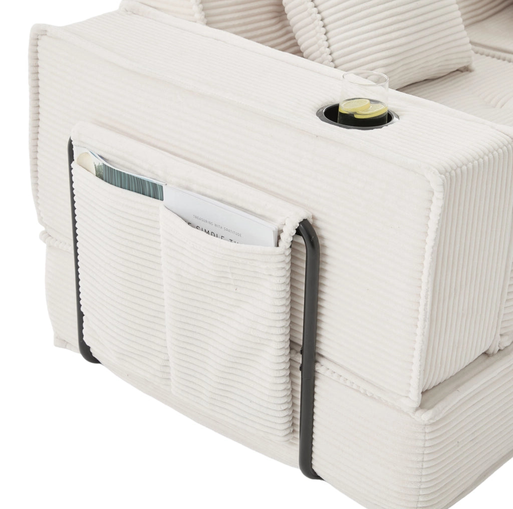 Divano 2 posti ULEVR 162x78x66 cm modulare con 2 cuscini e tasche laterali, tessuto a coste beige