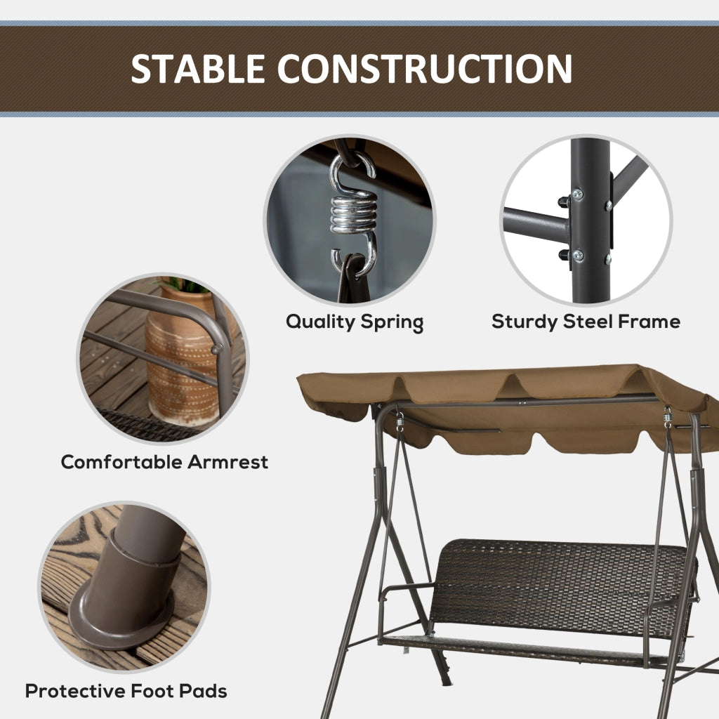 EasyComfort Dondolo da Giardino 3 Posti con Tettuccio Regolabile in Rattan PE e Acciaio, 167x112x153cm