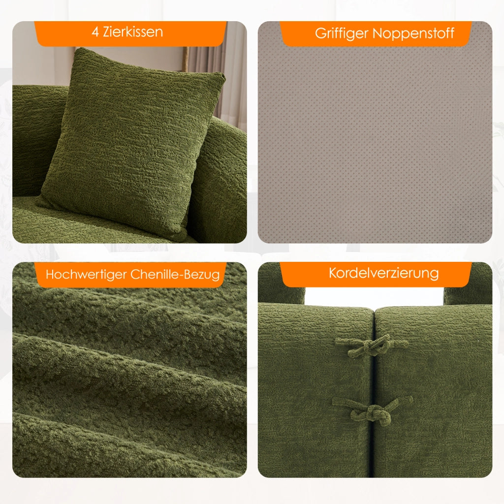 Divano 4 posti curvo in chenille con design lussuoso, morbido e senza montaggio, facile da spostare, verde