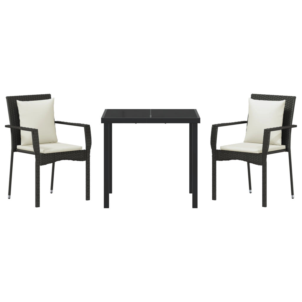 Set da Pranzo da Giardino 3 Pezzi con Cuscini Nero Rattan Poli