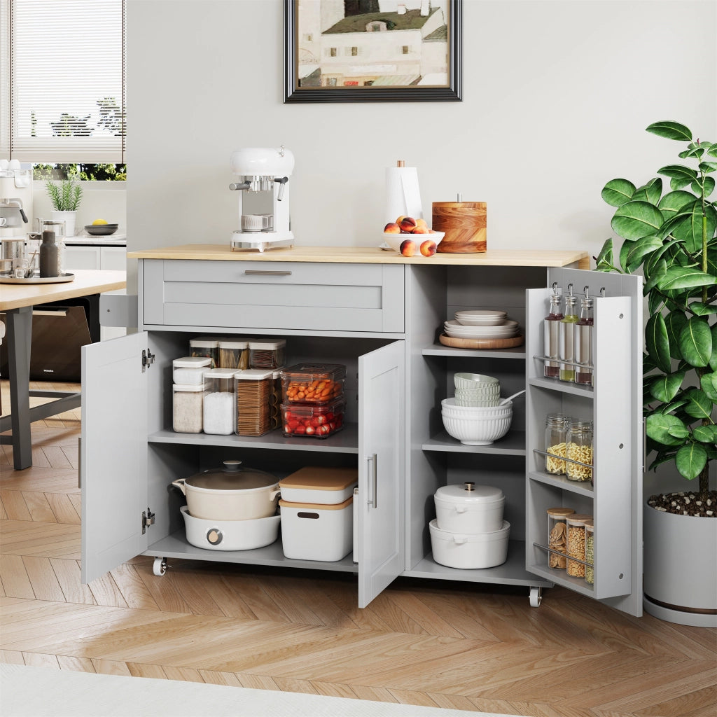 Isola da Cucina Mobile 132,5x44/70x90 cm Grigia con Piano Effetto Rovere, Cassetto e 5 Ruote