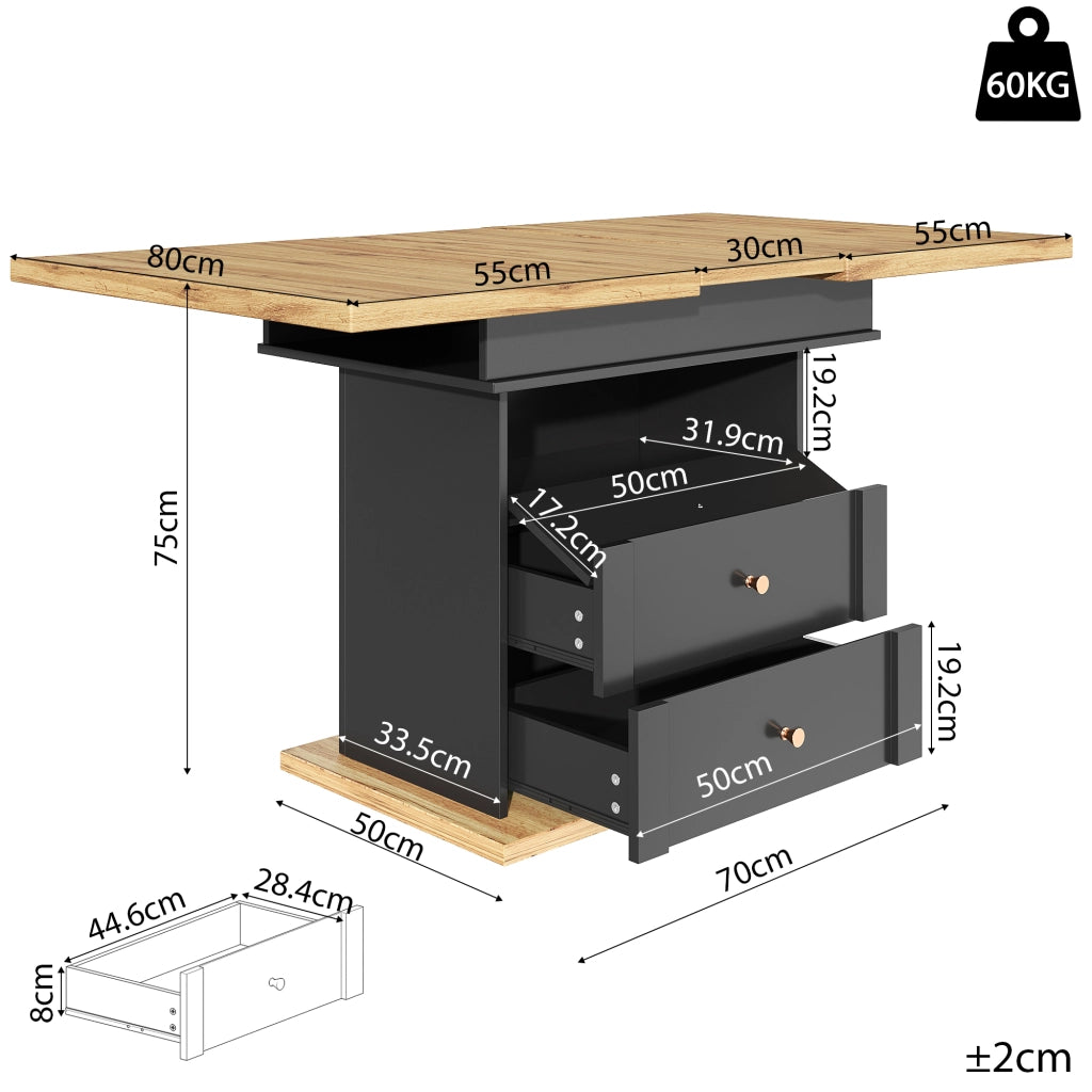 Tavolo allungabile con vano contenitore, piano estensibile e chiusura magnetica soft-close, per cucina e soggiorno, nero naturale, 110 × 80 × 75 cm