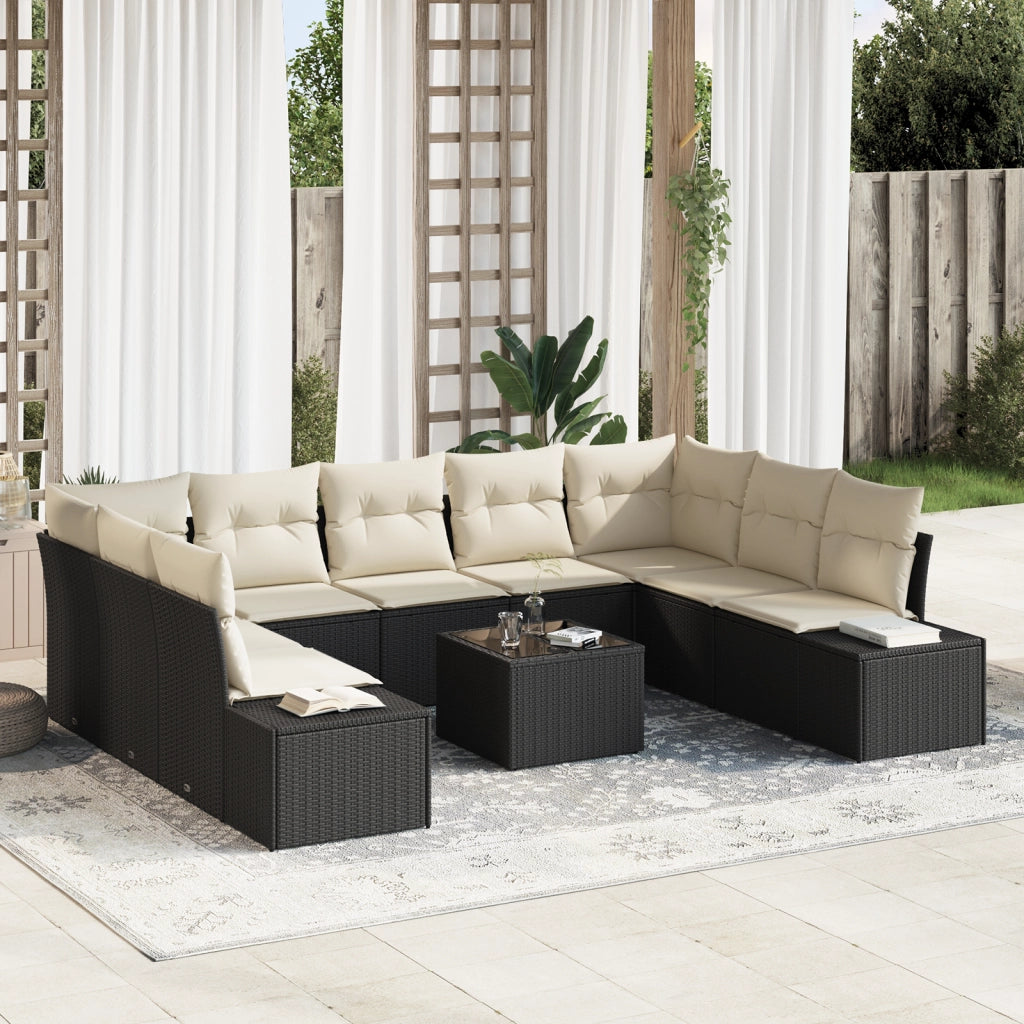 Set di Divani da Giardino da 9 Pezzi con Cuscini Rattan Poliestere Marrone