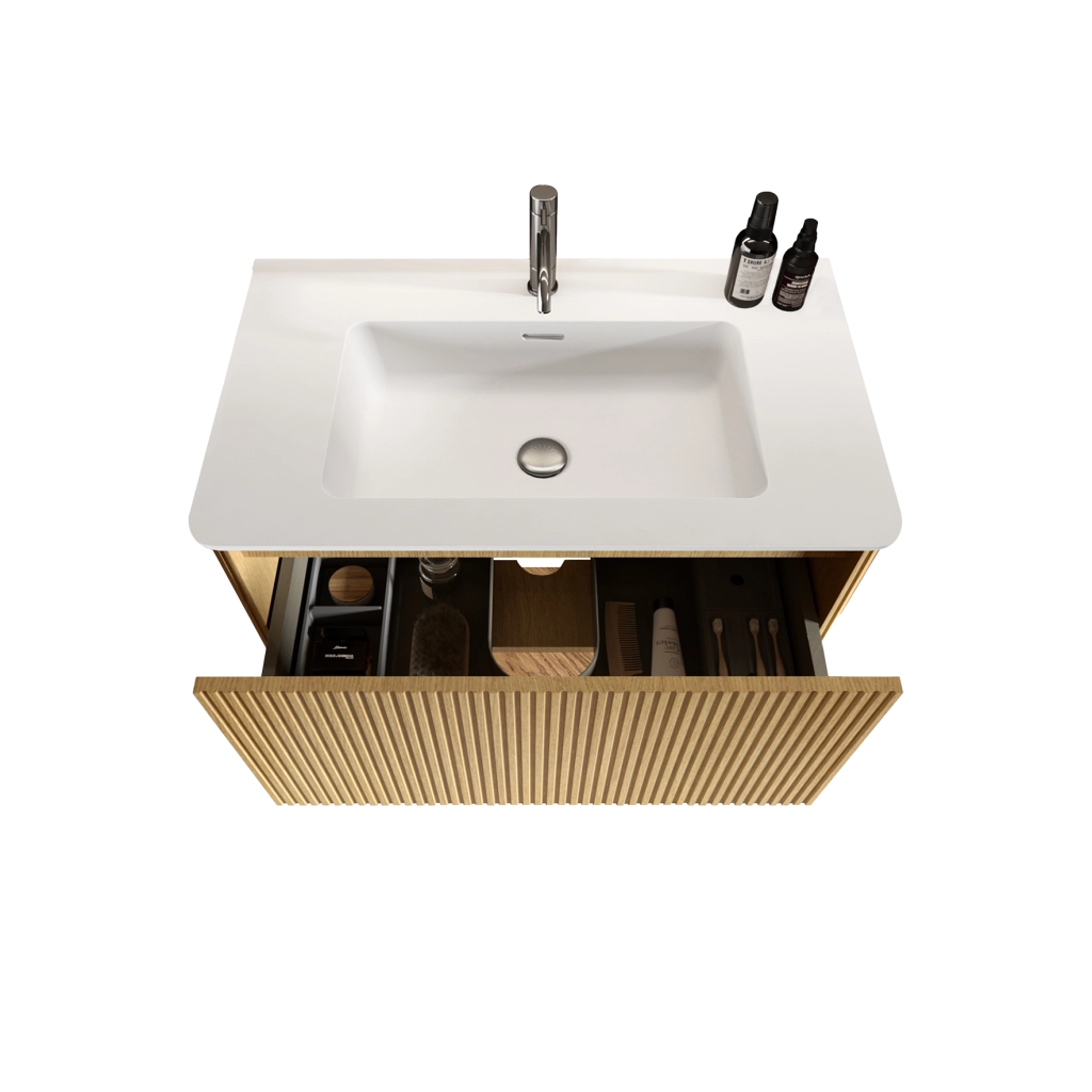 Mobile sottolavabo sospeso con cassetti push-to-open, design a scanalature verticali, per bagno, rovere, 80 cm