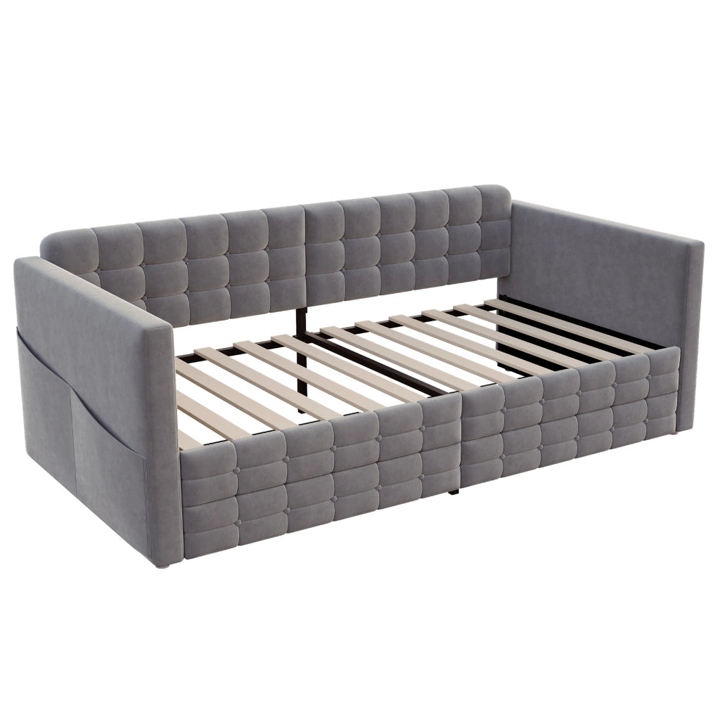 Letto imbottito 90x190 cm con testiera trapuntata, tasche laterali e 2 cassetti