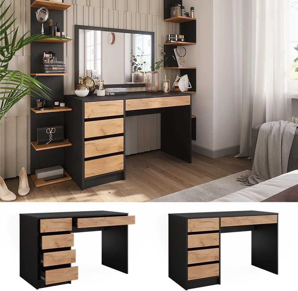 Tavolo da toilette Sherry, Antracite/quercia dorata, 120 x 75 cm Senza specchio, 5 cassetti per diverse esigenze di conservazione