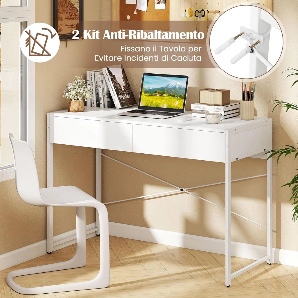 Scrivania per Computer con 2 Cassetti, Scrivania Porta PC con Telaio in Metallo e Legno, Posizione da Lavoro per Studio e Ufficio, Portata 100 kg, 112 x 48 x 76 cm (Bianco)