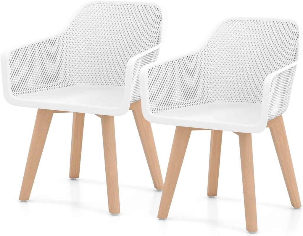 Set di 2 Sedie da Pranzo, Sedia da Cucina con Gambe in Legno, Seduta in PP, Schienale Curvo Ventilato, Braccioli, Poltrona moderna per Soggiorno, Bar e Cucina, Capacità 150 kg