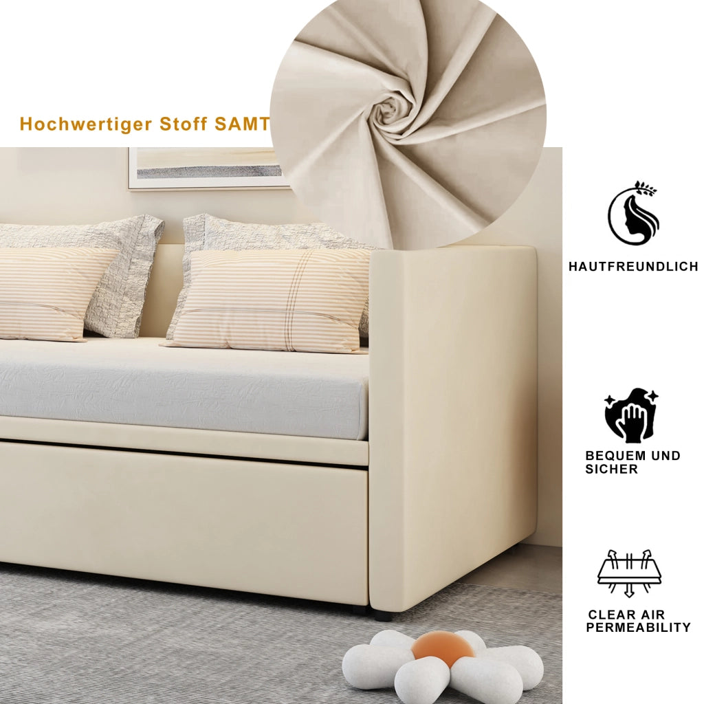 Letto divano estraibile 90 × 200 cm e 180 × 200 cm con telaio supplementare, senza materasso, in velluto beige