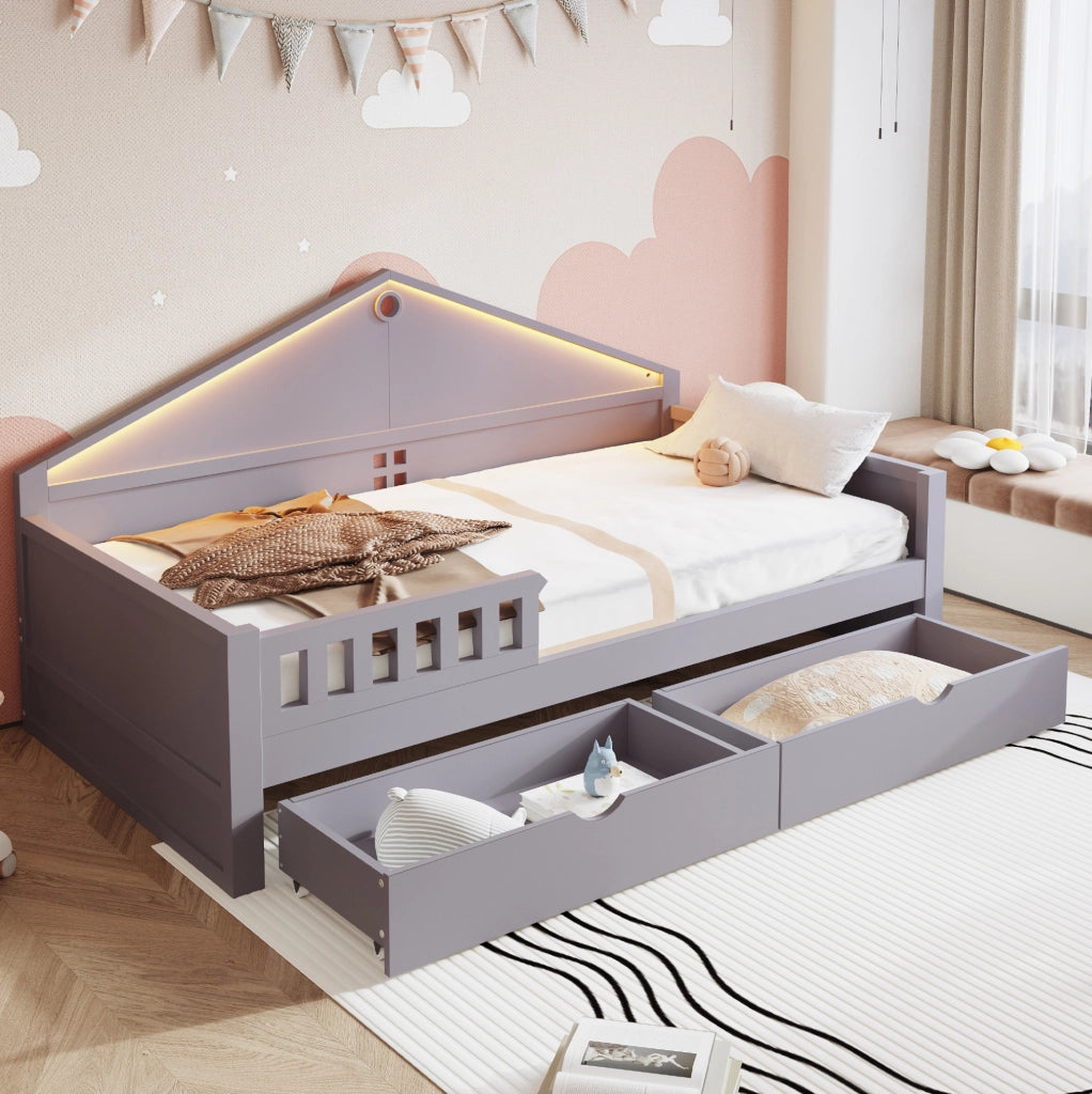 Letto singolo multifunzione 90x200 cm con LED e 2 cassetti; grigio in legno e MDF