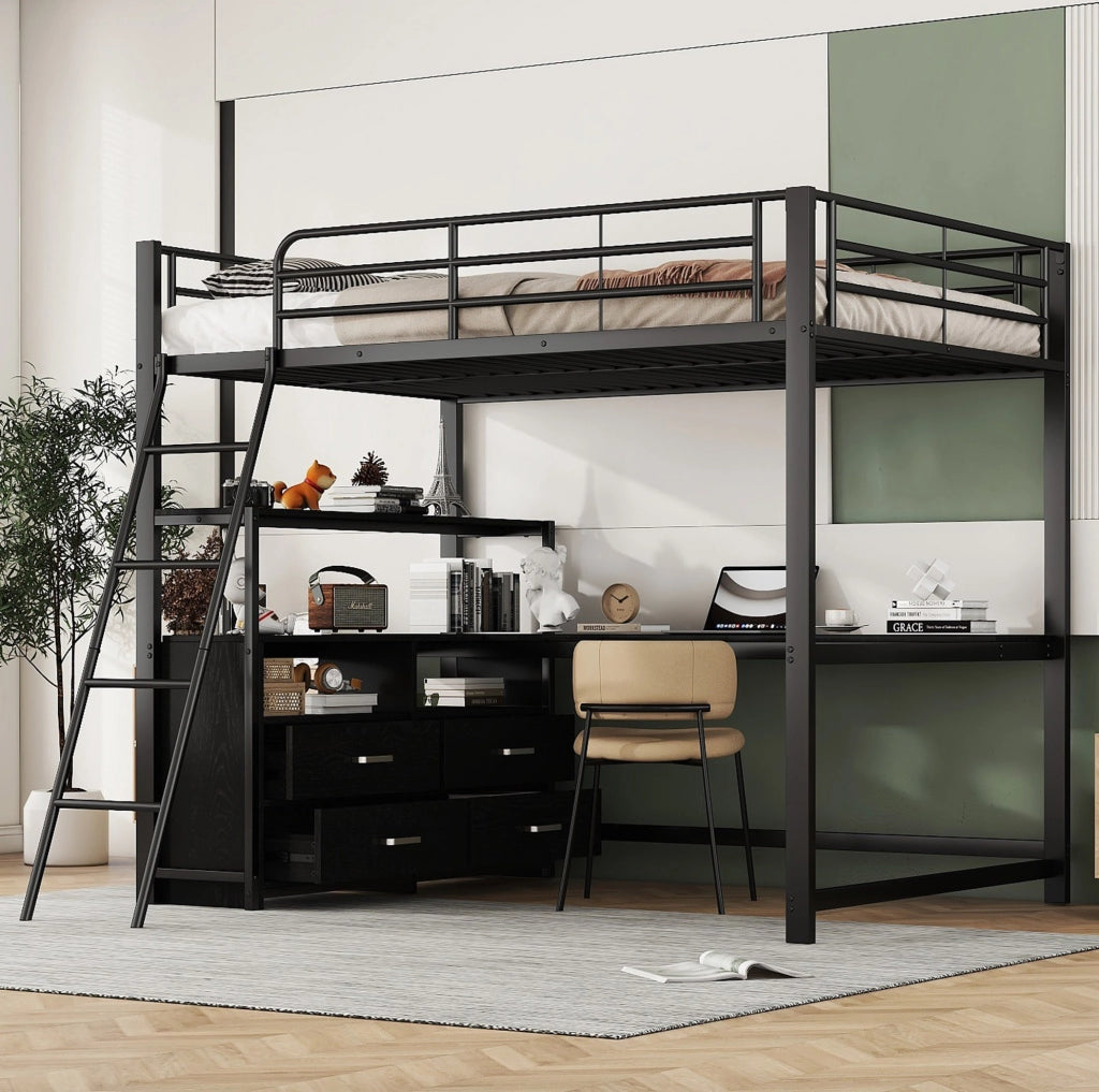 Letto a soppalco 140x200 cm con scrivania a L e cassetti, nero
