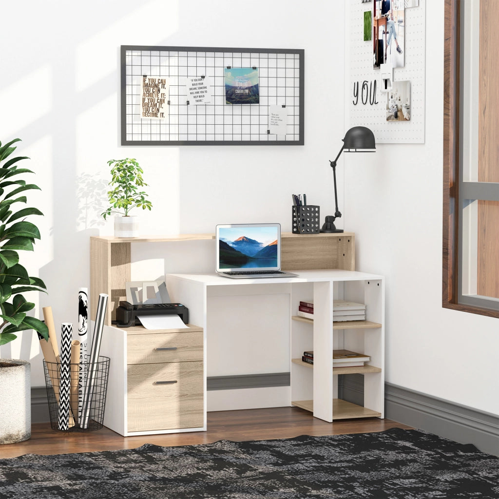 Scrivania con scaffale e cassetti ¨C zephmum ¨C bianco e rovere 137x55x92 cm