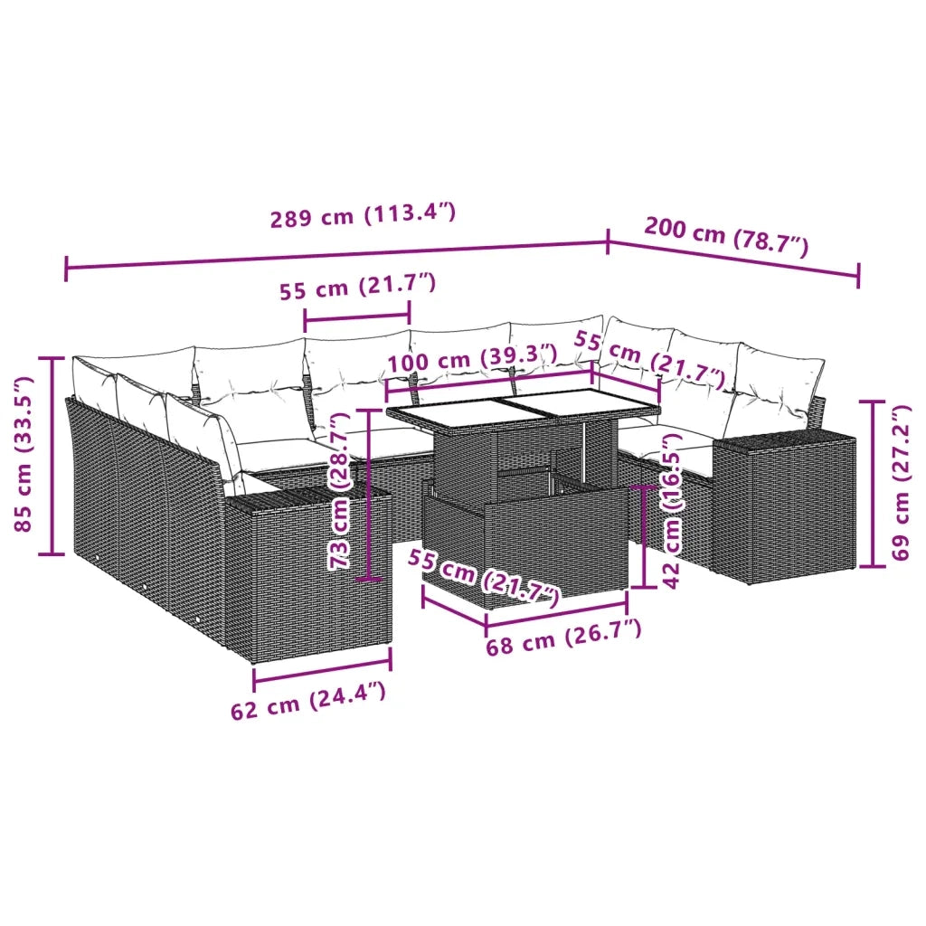 Set Divani da Giardino 10pz con Cuscini in Polyrattan Nero
