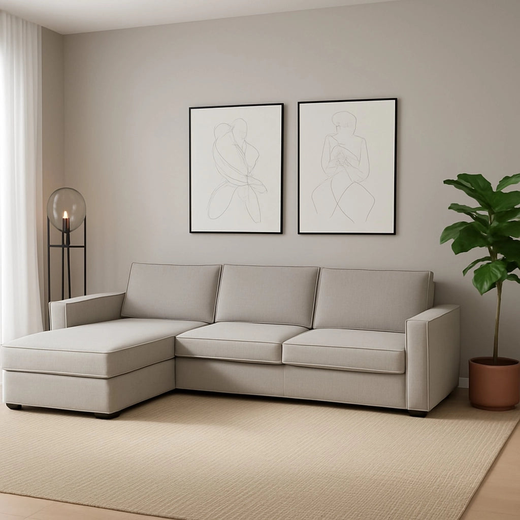 Divano fisso Anila, Divano ad angolo, Made in Italy, SofÒ  Soggiorno con, penisola contenitore Sinistra, con Braccioli standard, cm 280x95h90, Grigio
