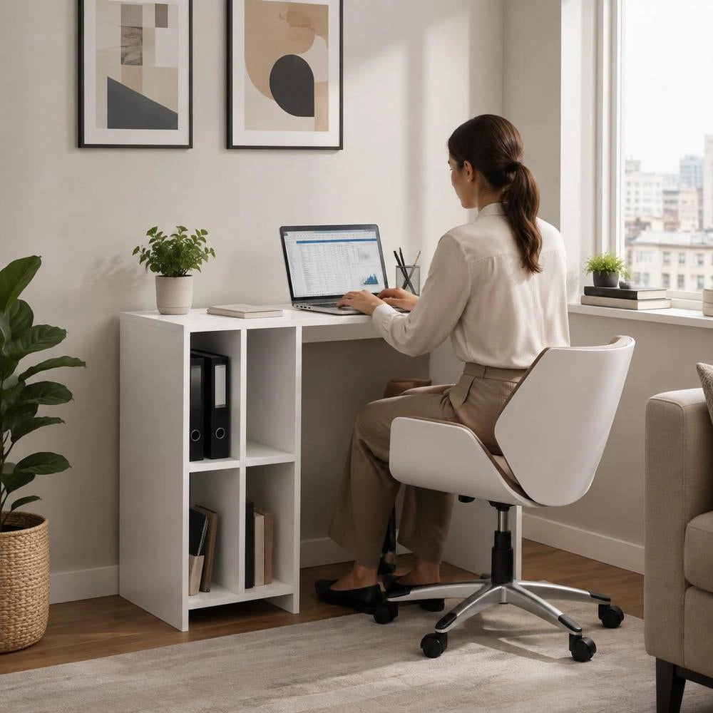 Modern White Computer Desk With Storage Shelves, Engineered Wood Home Office Writing Table, Easy Assembly Study Workstation, 102.5x35x75 Cm