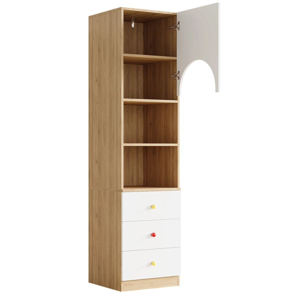 Libreria, vetrina, 3 cassetti, ripiani portaoggetti, maniglie in ceramica, finitura effetto legno, bianco