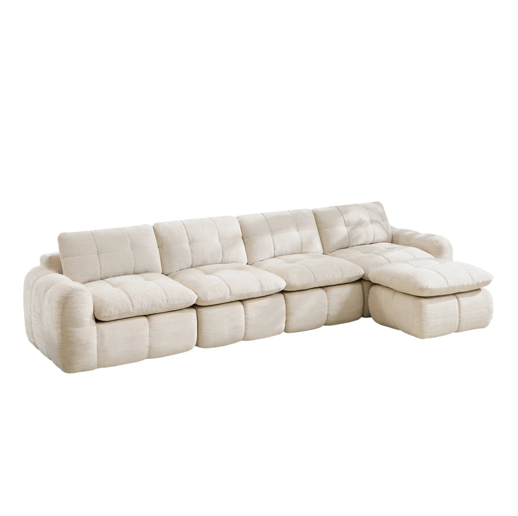 Divano modulare angolare in chenille beige 334x160x68 cm con pouf; senza montaggio
