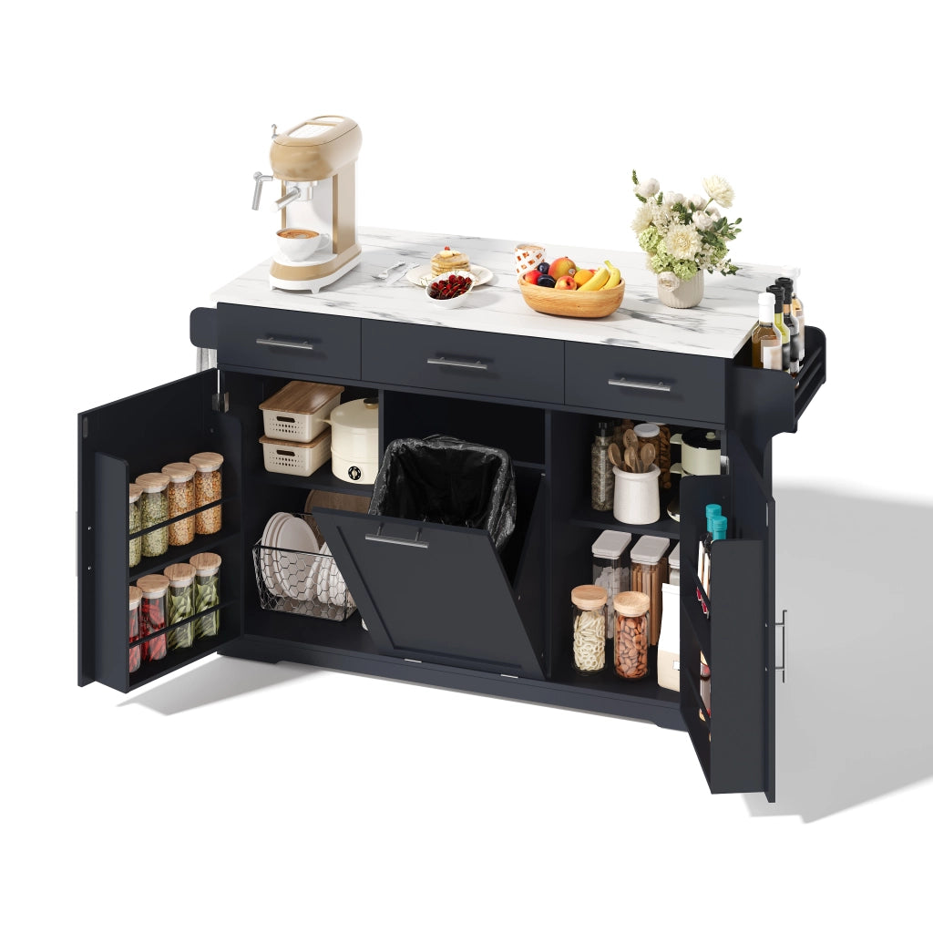 Isola cucina mobile in MDF grigio con piano ribaltabile; 3 cassetti e ruote bloccabili