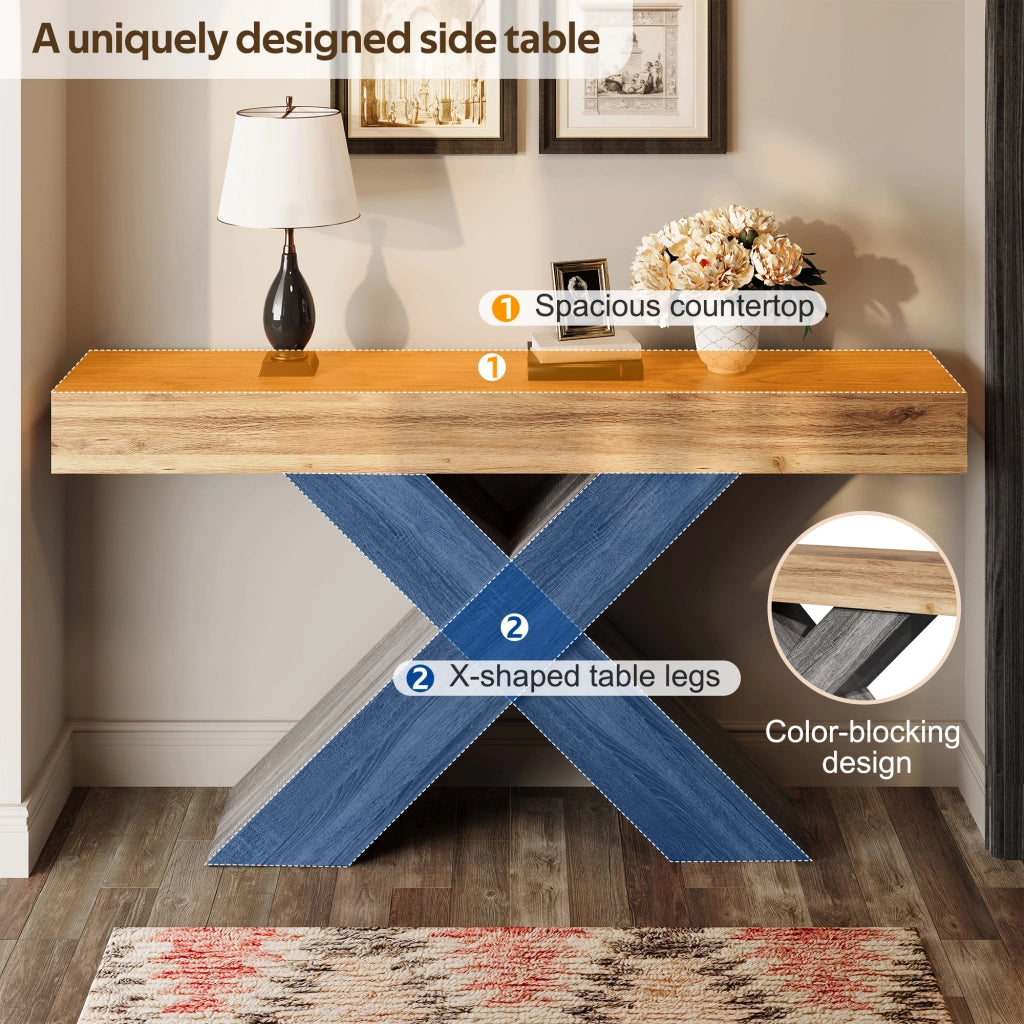 Consolle con struttura a X in pannello truciolare effetto legno naturale per ingresso e soggiorno 140 × 30 × 80 cm