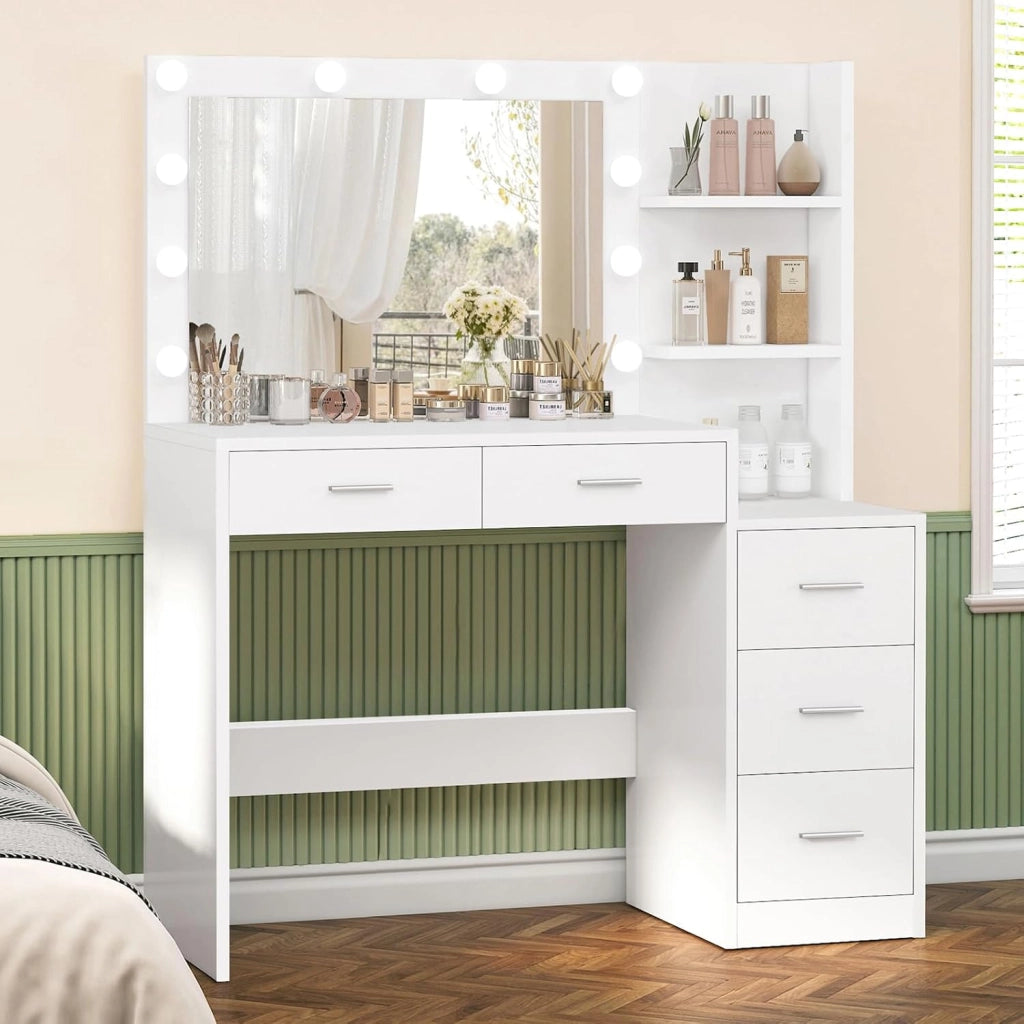 FIONESO 110cm Toeletta Trucco con Luci a Luminosità Regolabile, Grande Specchio, Postazione Trucco con 5 Cassetto e, 2 Ripiani Aperti, Moderno, Bianco