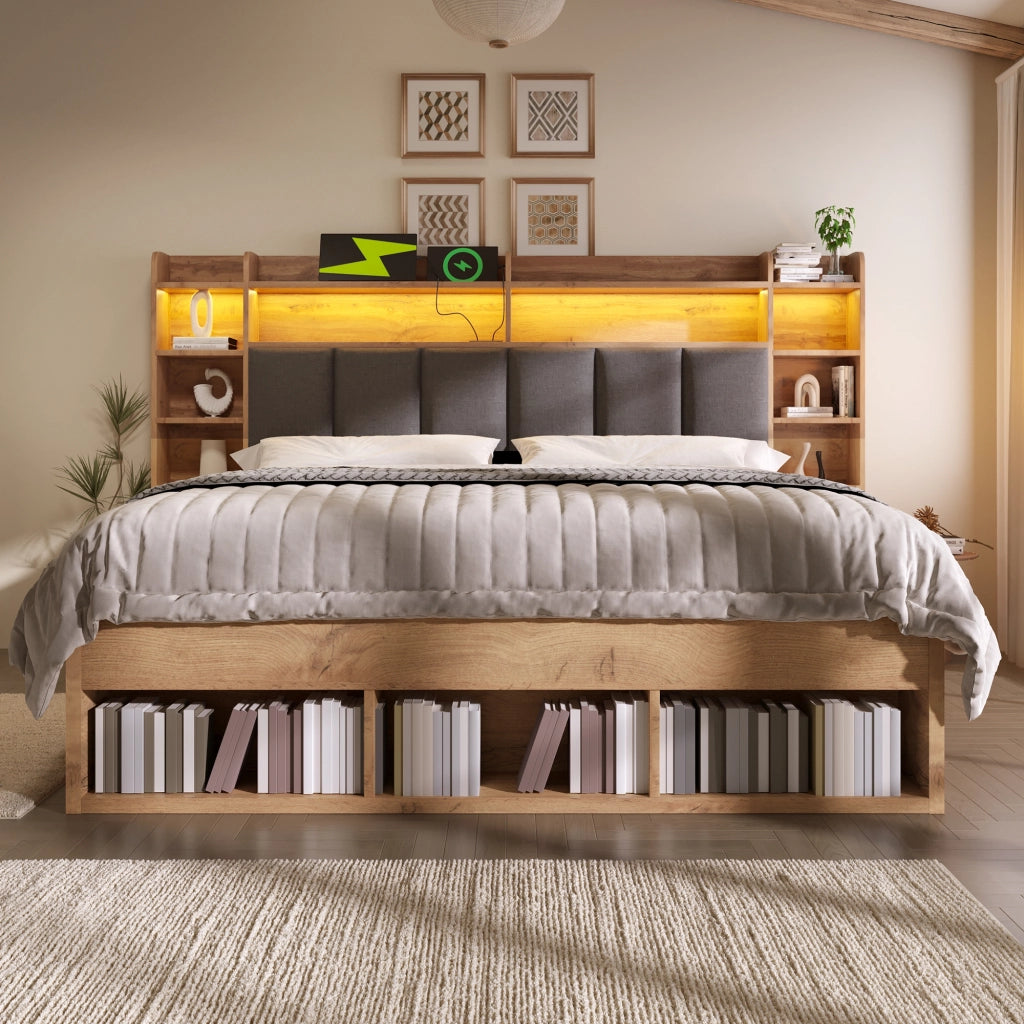 Letto contenitore matrimoniale 160 × 200 cm con LED, USB e Type-C, cassetti, senza materasso, rovere