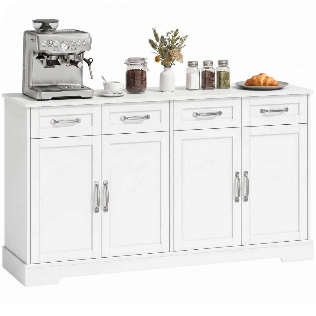 Credenza Cucina con 4 Cassetti, 4 Ante e Ripiani Regolabili, Portata 90 kg, 140x38x80 cm, Bianco