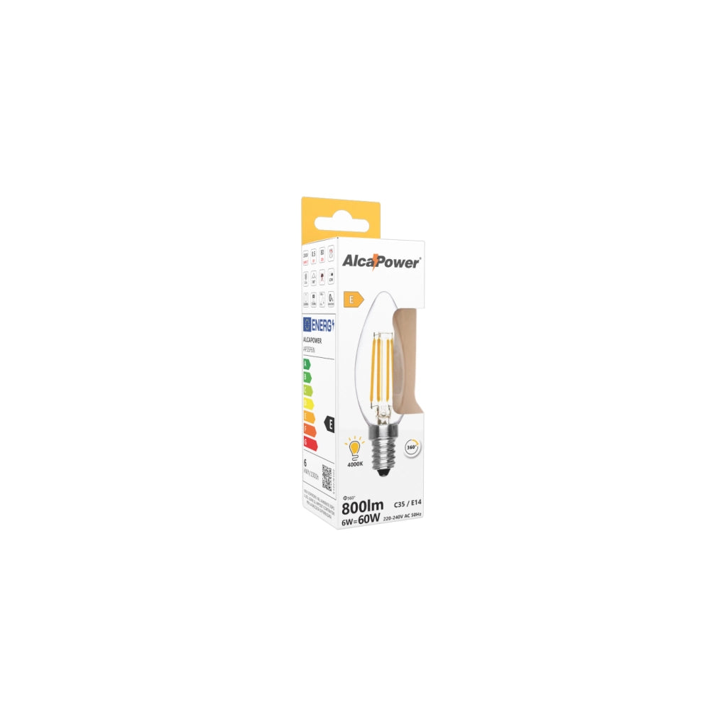Alcapower Lampadina LED Filamento Oliva C35 E14 6W 810lm 4000K Luce Naturale Trasparente, Efficienza Energetica Classe D, Durata 25000 Ore