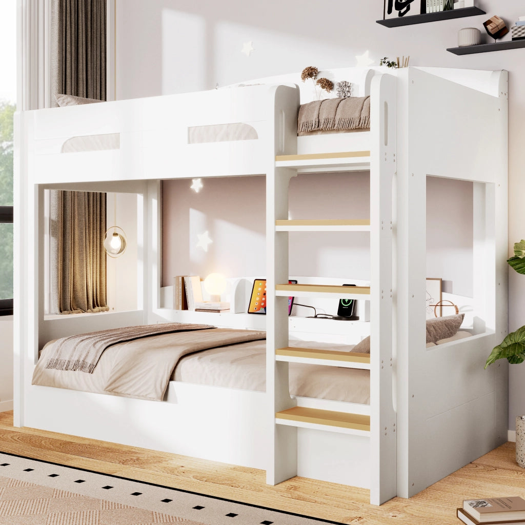 Letto a Castello 90x200 cm con USB; Mensole laterali e ripiani; Bianco