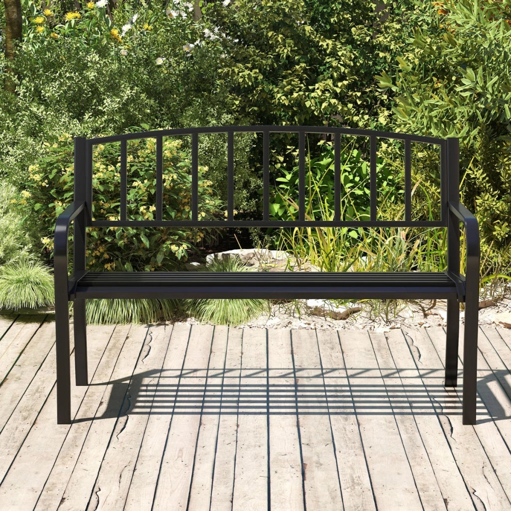 Panca da esterno panca da giardino da 127 cm con schienale a listelli e braccioli curvi, Panca da patio per 2-3 persone Nero-Panchine