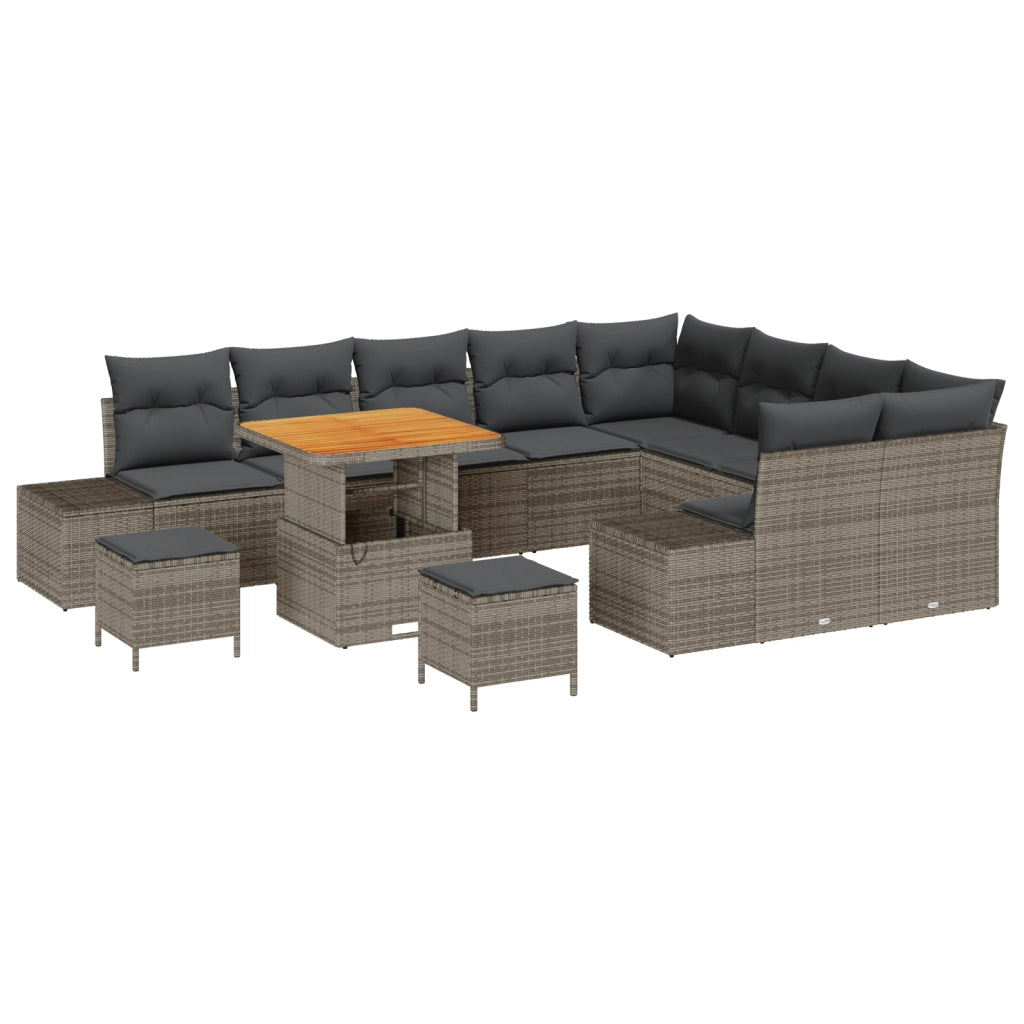 Set divani da giardino 12 pezzi con cuscini grigio in polyrattan e acacia