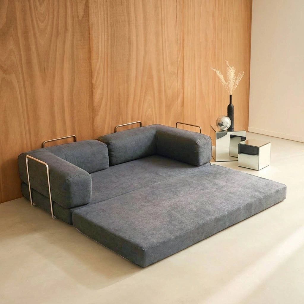 Divano letto futon in velluto a coste e struttura cromata, grigio