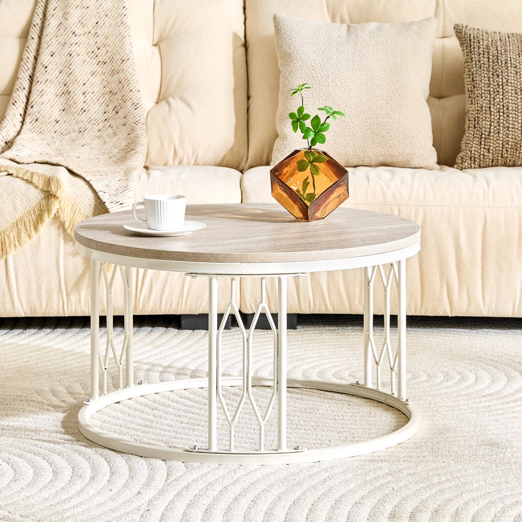Tavolino basso rotondo in MDF effetto legno con struttura in metallo, per soggiorno, bianco, Ø 70 × 40,5 cm