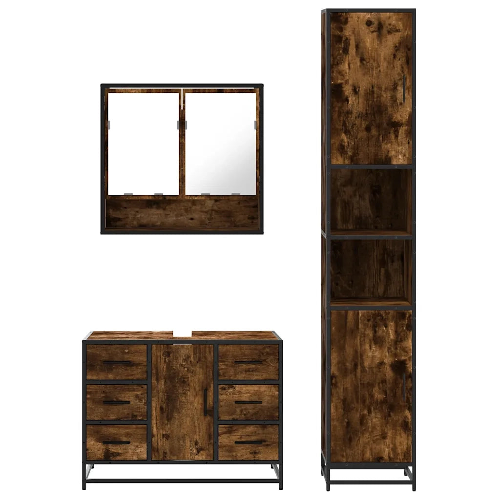 Set Mobili da Bagno 3 pz Rovere Fumo in Legno Multistrato 3301112