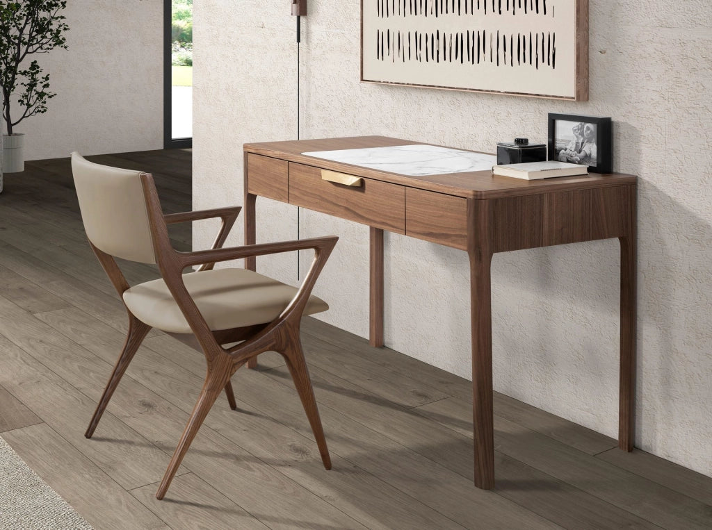 Comodino in noce con piano in vetro effetto marmo bianco e grigio lucido