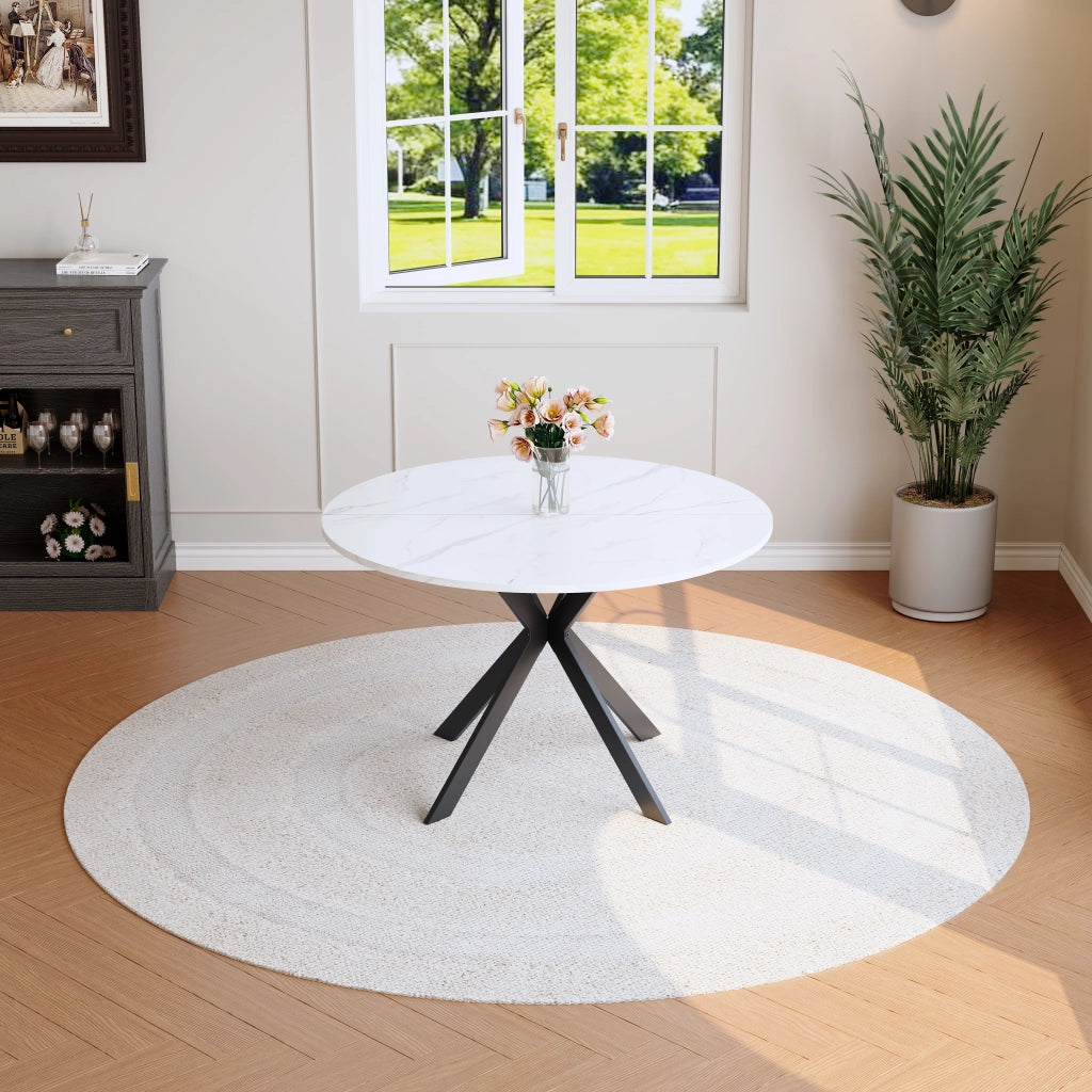 Tavolo da pranzo rotondo in MDF effetto marmo bianco con base incrociata in metallo per cucina e soggiorno nero diametro 110 cm