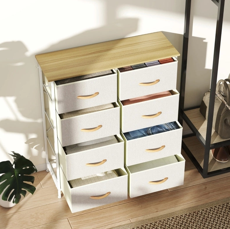 Cassettiera 86x30x94.5 cm con 8 cassetti in tessuto e struttura in acciaio beige