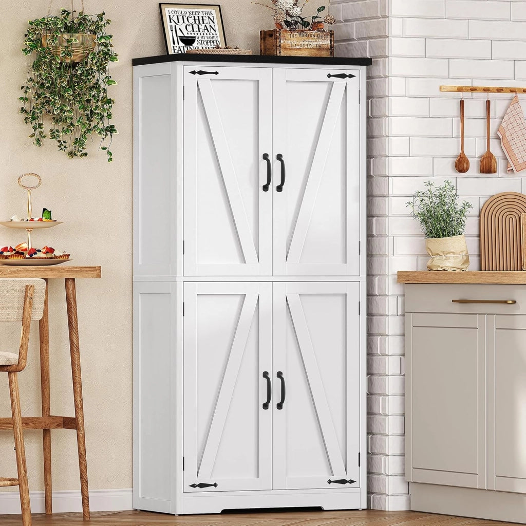 Credenza Cucina, Mobile Cucina con 4 Ante e Ripiani Regolabili, Dispensa Cucina con Maniglie Nere, per Soggiorno e Sala da Pranzo, Bianco – 60x30x148 cm