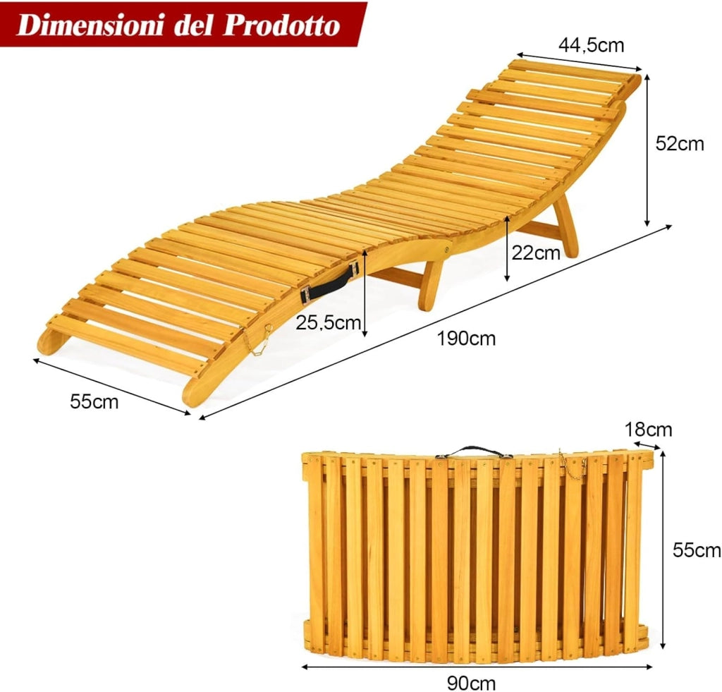 Lettino Prendisole Pieghevole per Giardino, Sedia a Sdraio Pieghevole da Esterno in Legno, Lettino da Esterno con Cuscino per Giardino, Prato, Cortile, Portata 180 kg, 190 x 55 x 52 cm (1)