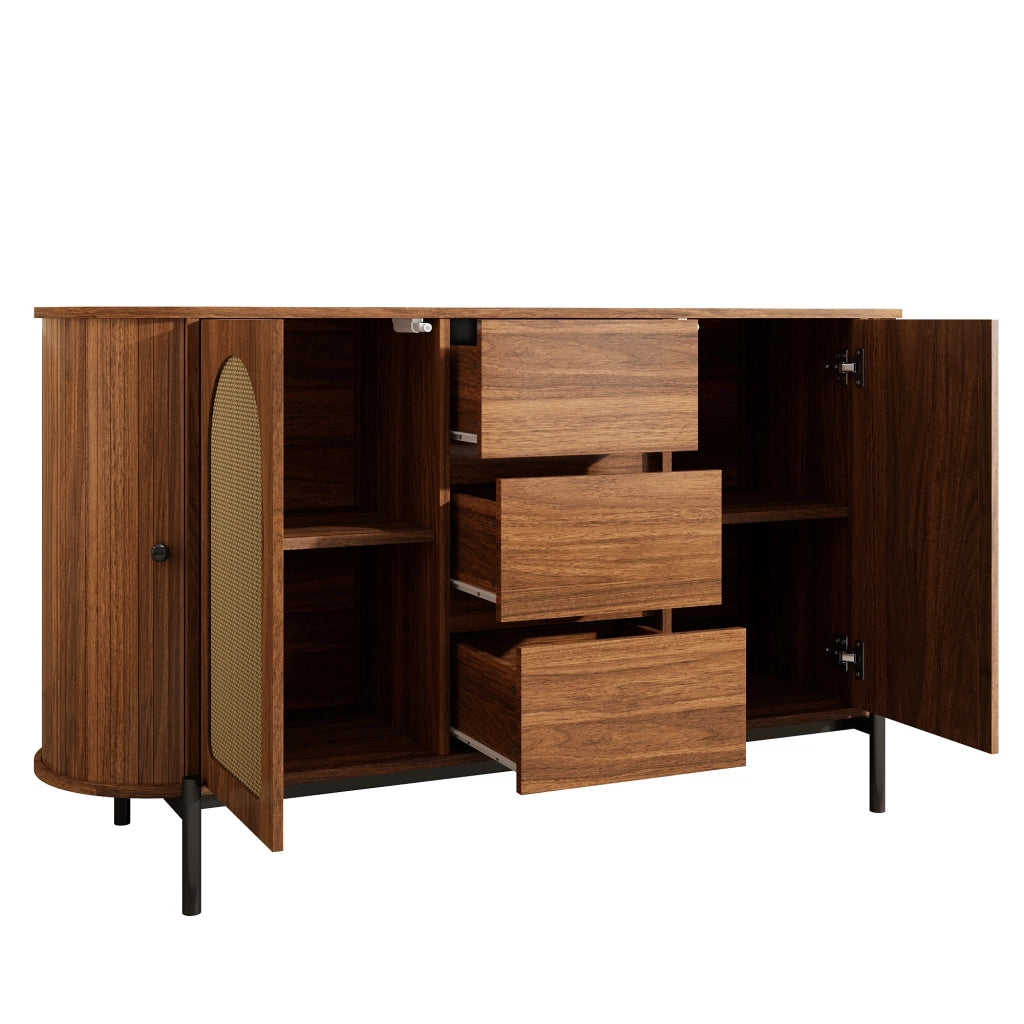 Credenza ovale con ante scorrevoli, 3 cassetti e ripiani regolabili per soggiorno, in MDF, noce, 140 × 38 × 77,5 cm