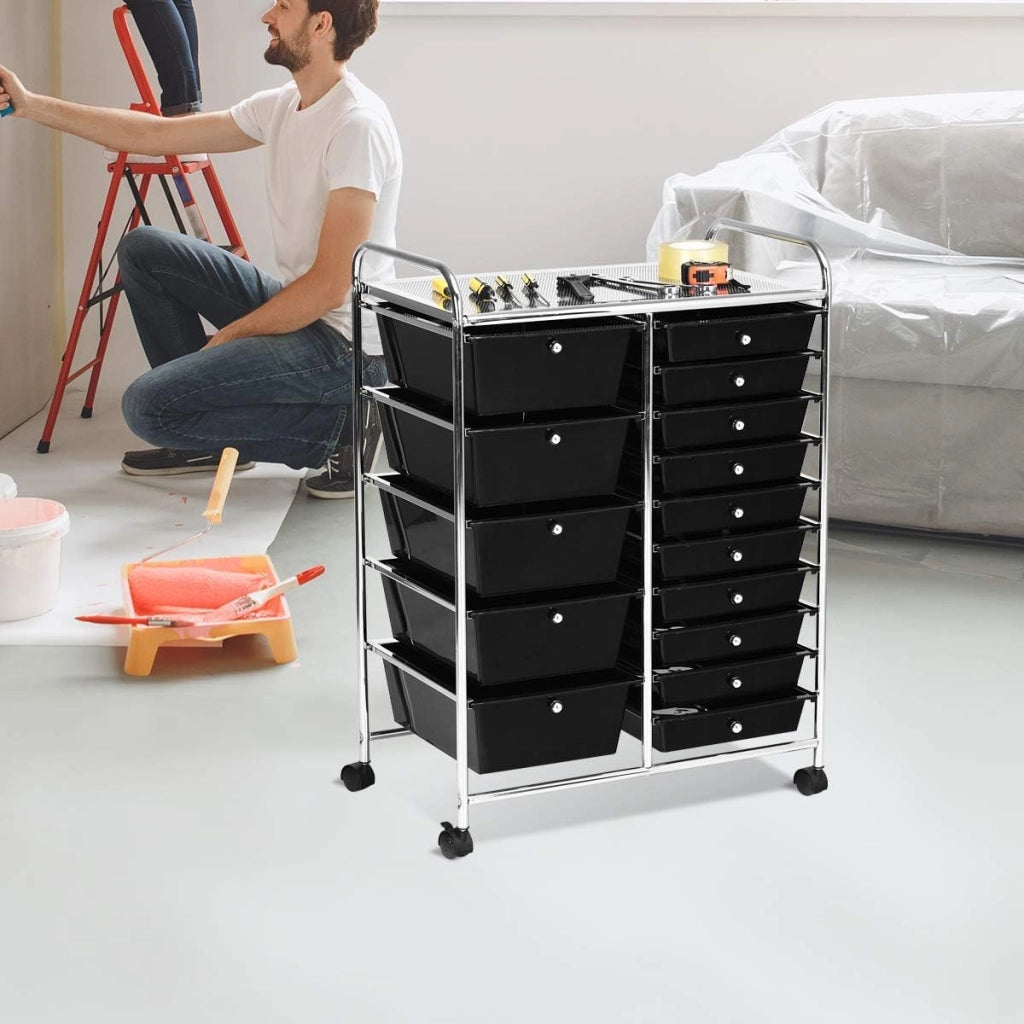 Carrello con 15 Cassetti Impilabili, Carrello di Stoccaggio con Ruote, Carello Portaoggetti per Casa e Ufficio, 62,5 x 37 x 87 cm (Nero)