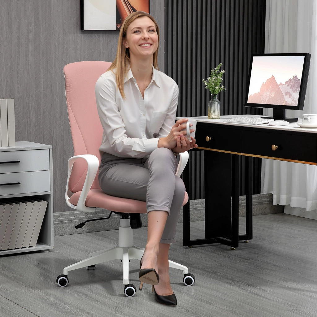 Sedia da Ufficio Giratoria con Schienale Alto e Braccioli ¨C Zephmum ¨C Rosa 62x56x110-119,5cm