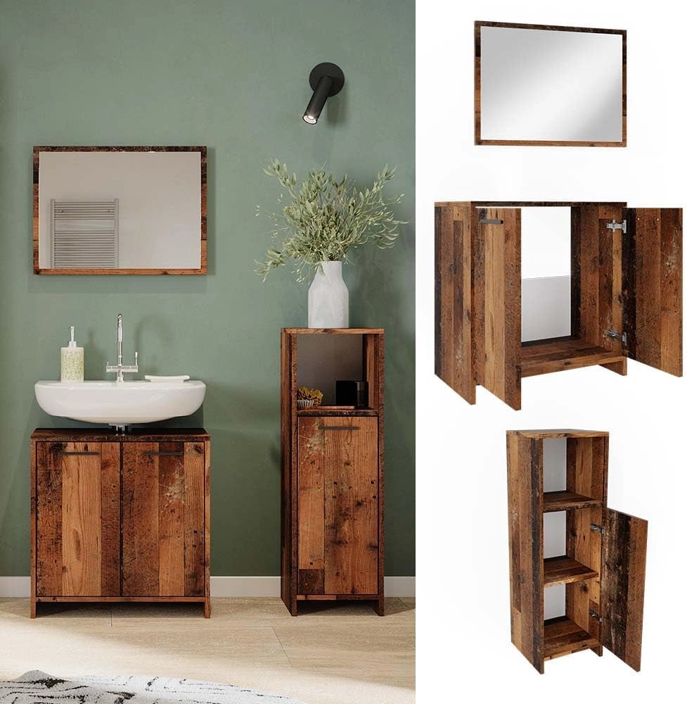 Set mobili bagno Kiko, Rovere rustico, 58 cm, composto da mobile sottolavabo, specchiera e mobile medio