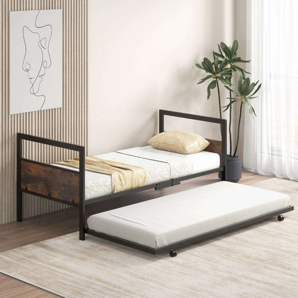 Letto estraibile singolo con gambe pieghevoli e rotelle universali-Struttura del letto 97x204,5cm Marrone