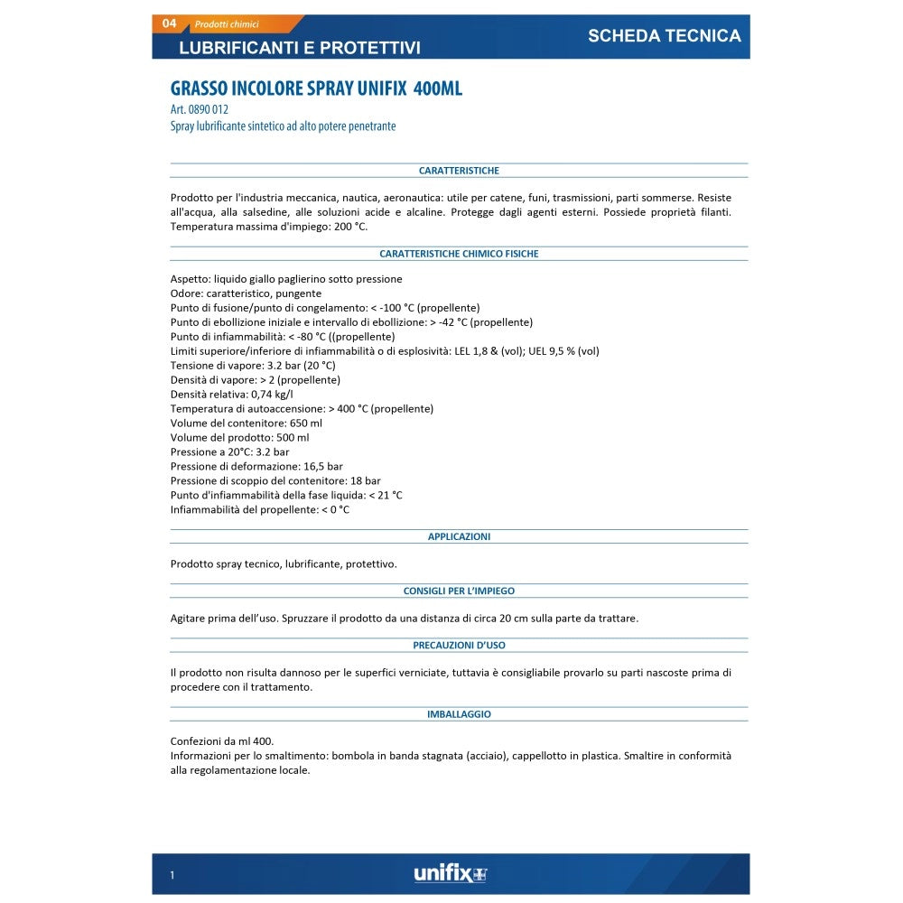 Unifix grasso incolore 400ml lubrificante spray atossico per parti meccaniche in movimento