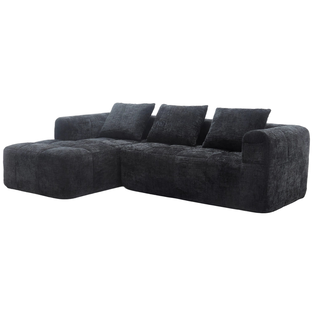 Divano angolare 250x158x60 cm con penisola; tasche laterali e 3 cuscini in chenille nero