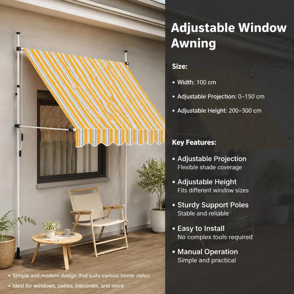Retractable Awning, Manually Operated, 200 Cm, Yellow/blue Striped