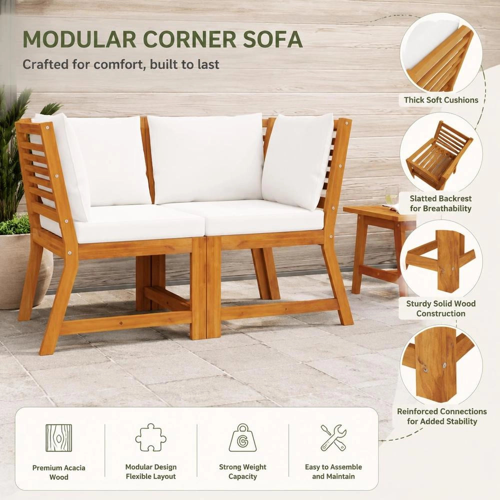 Modular Corner Sofa With Cream-white Cushions, Solid Acacia Wood
