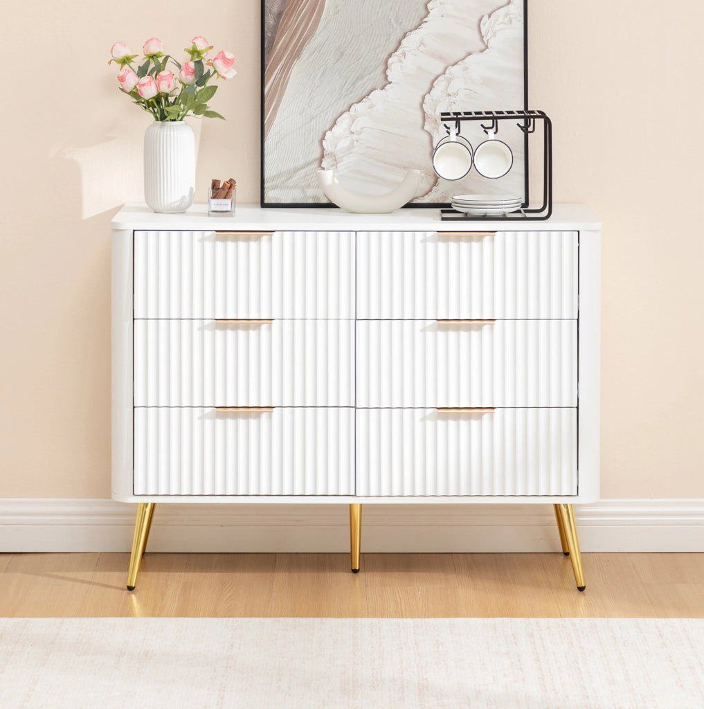Comò bianco a 6 cassetti 105x40x80 cm con chiusura ammortizzata e piedini alti