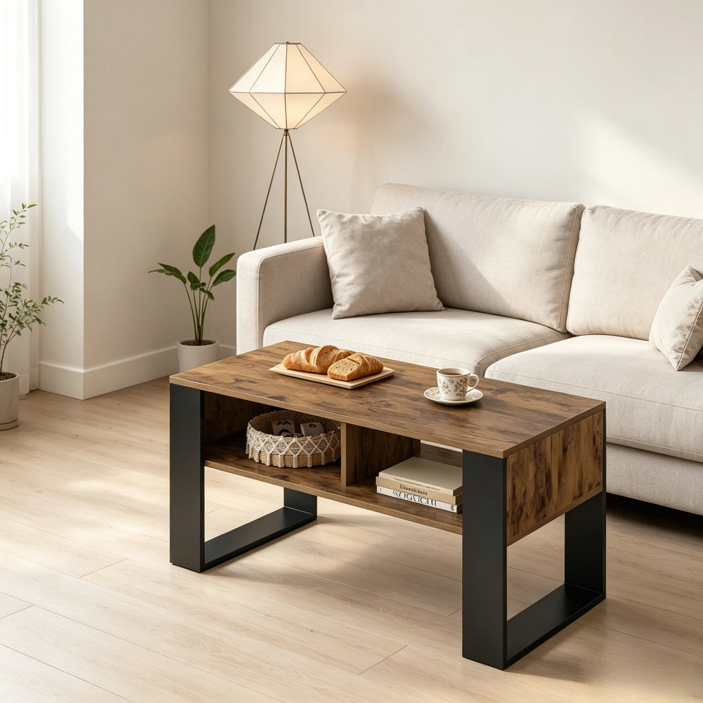 Tavolino basso con 2 vani aperti e piano ampio, per soggiorno, in legno, nero e marrone rustico, 90 × 45 × 45 cm